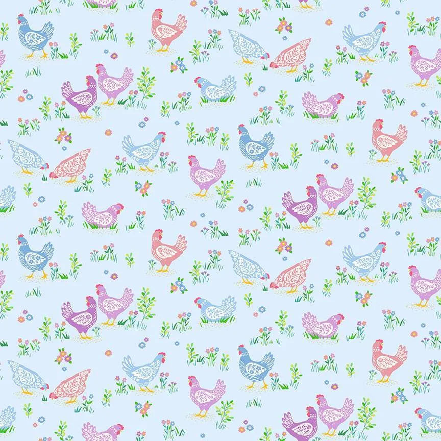 100% Cotton Cotton Hello Spring Happy Hens - Blue - By Makower