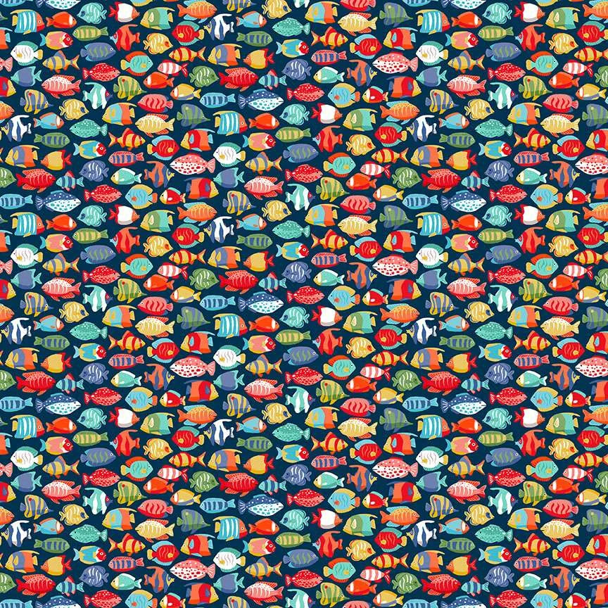 100% Cotton Deep Blue Sea Fish Shoal – Dark Blue