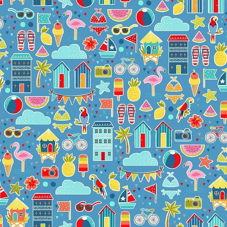 100% Cotton Pool Party Montage - Blue By Makower