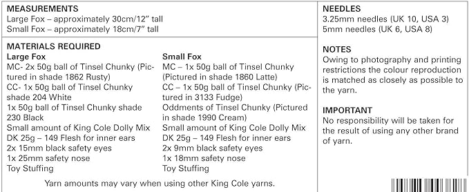King Cole 9110 Fox Knitting Pattern