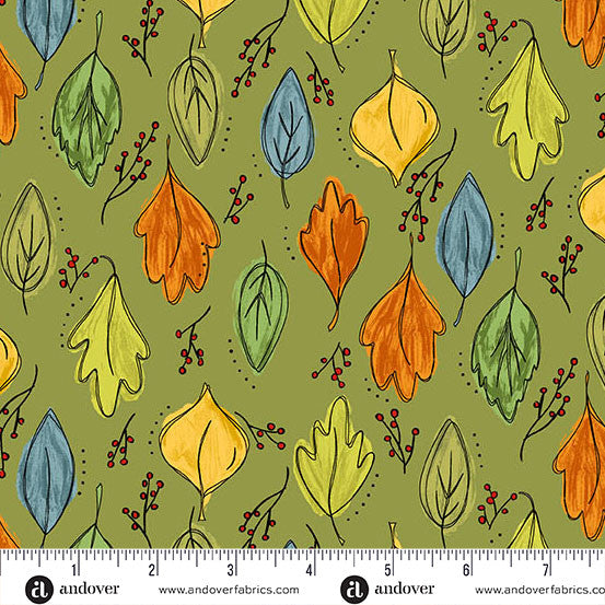 100% Cotton Harvest Home Foliage Olive By Amy Latta Fall - Andover