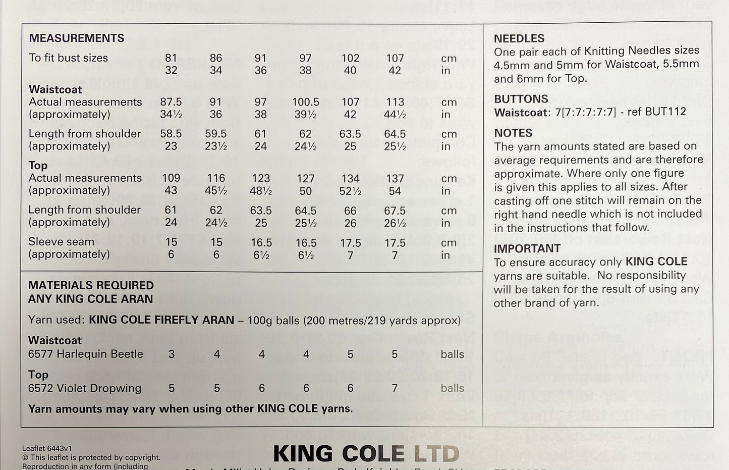King Cole Knitting Pattern 6443 Firefly Aran - Waistcoat and Top