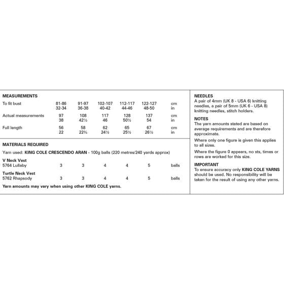 King Cole Knitting Pattern 6226 Ladies Vests - Aran