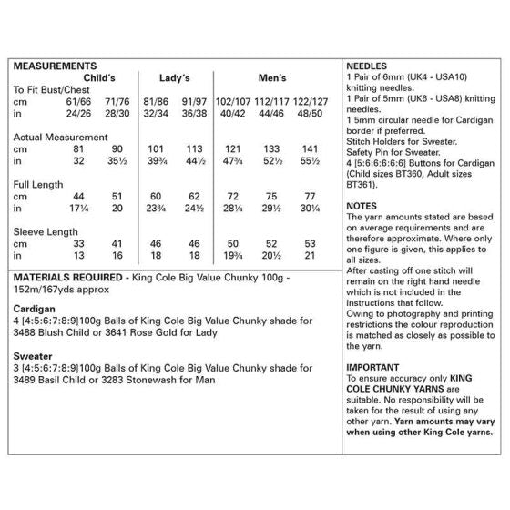 King Cole 6345 Cardigan and Sweater V-Neck - Chunky