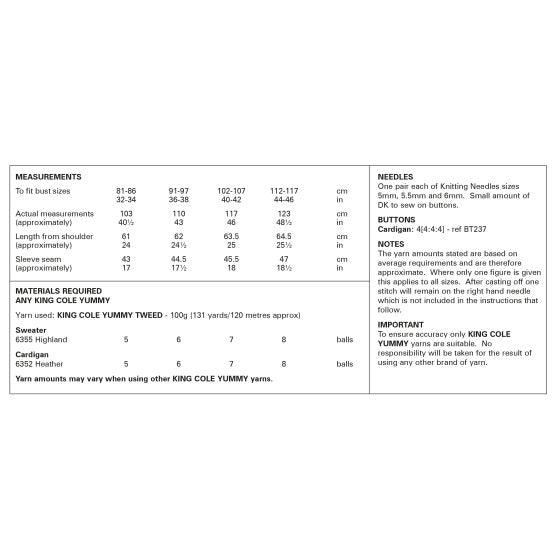 King Cole Knitting Pattern Sweater and Cardigan 6314