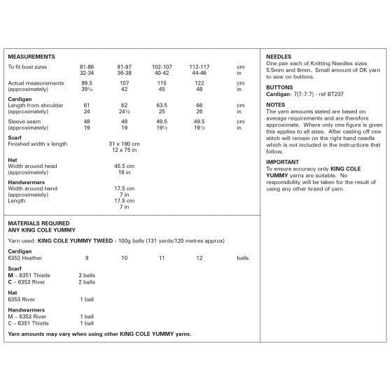King Cole Knitting Pattern Cardigan, Scarf, Hat and Handwarmers 6318