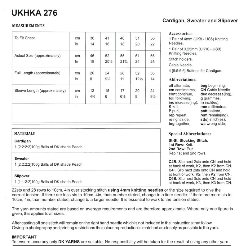 UKHKA 276 Knitting Pattern Double Knitting