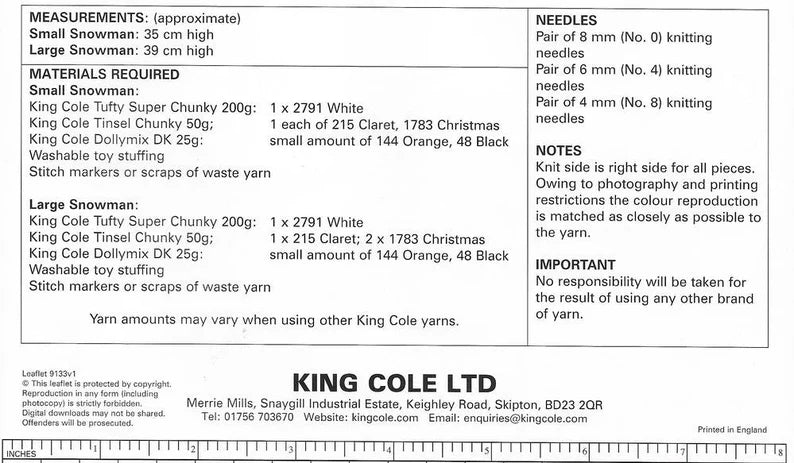 King Cole 9133 Snowman Knitting Pattern