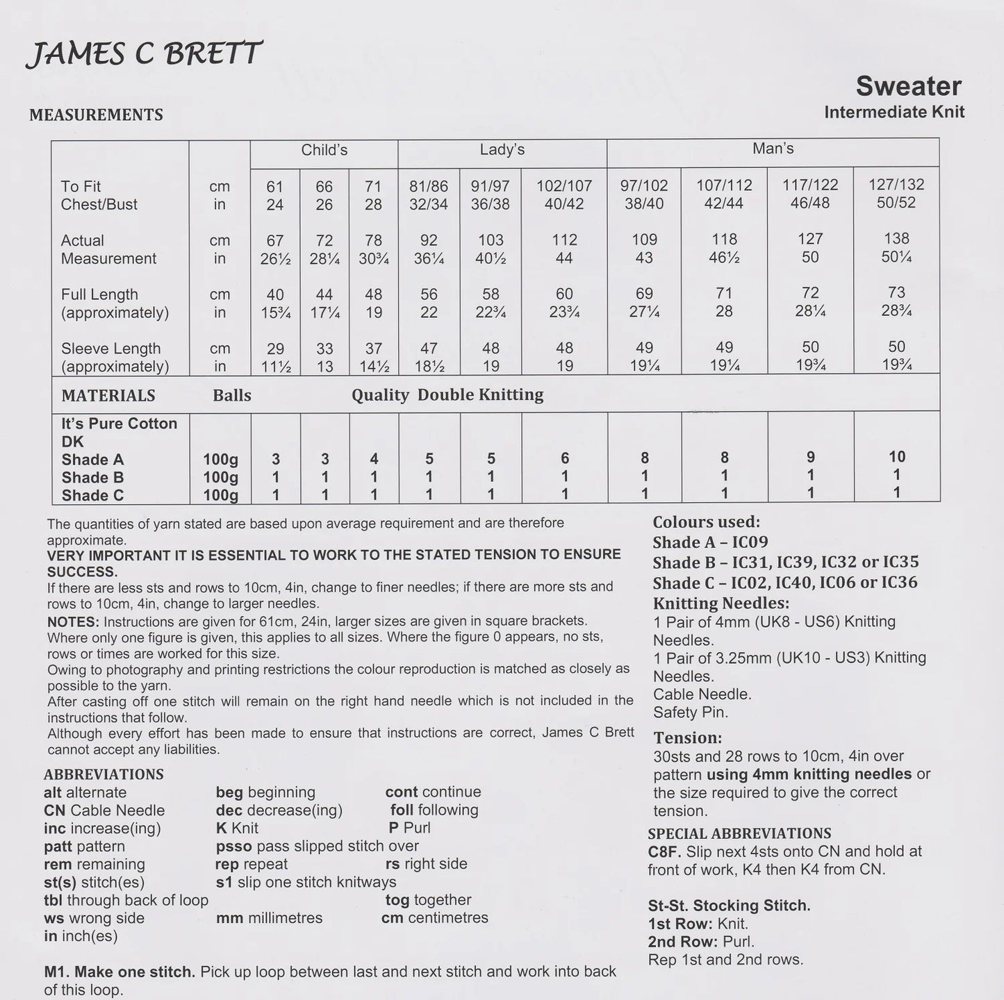 James C Brett Knitting Pattern JB940 Double Knitting