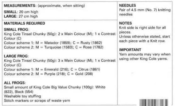 King Cole 9048 Frogs Knitting Pattern