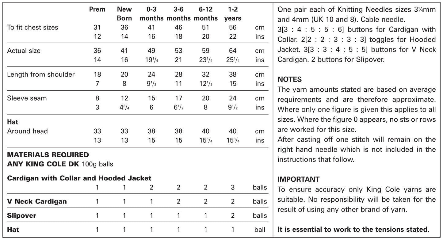 King Cole 2888 Cardigans, Jacket, Slipover and Hat Includes Prem Size
