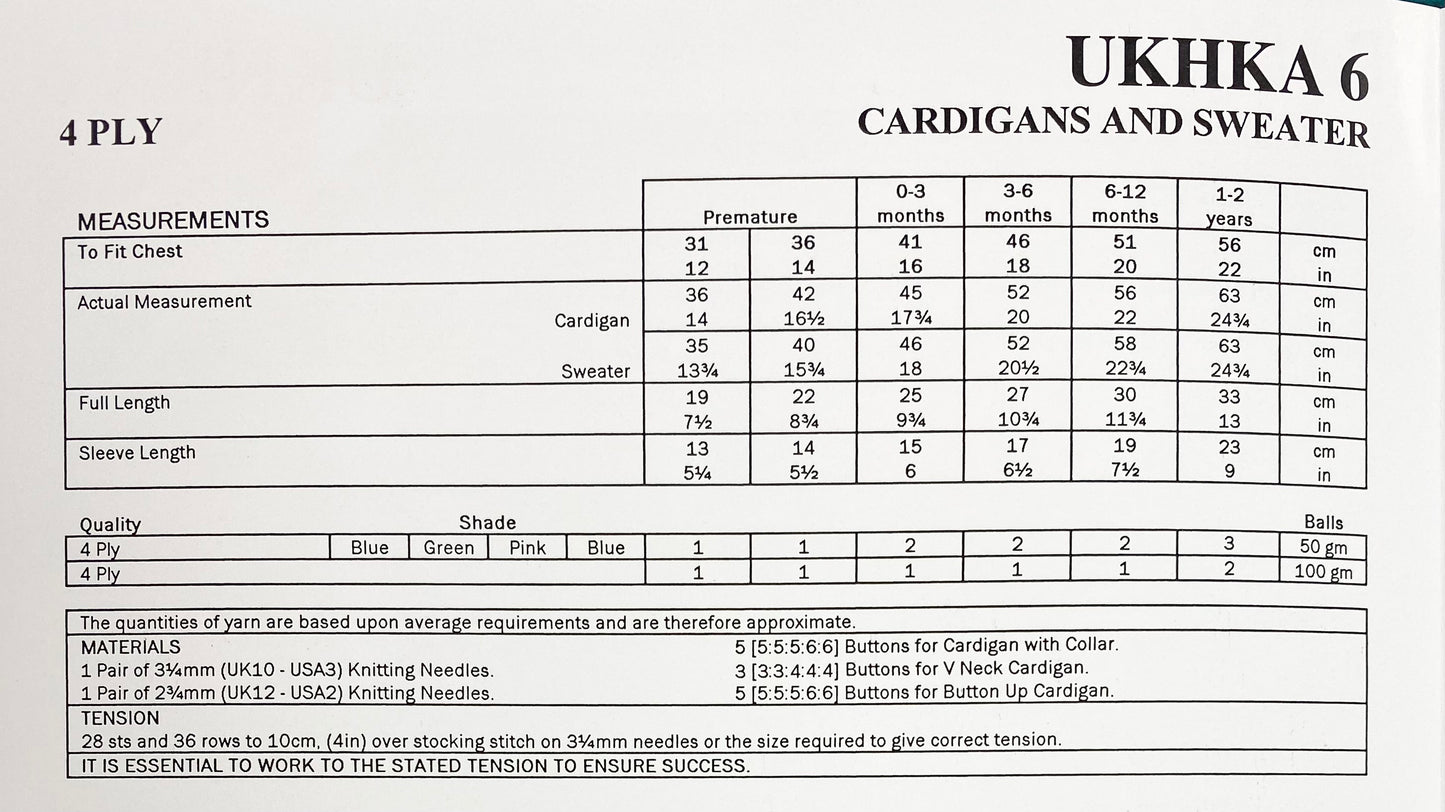 UKHKA 6 Cardigans and Sweater in 4ply includes prem sizes