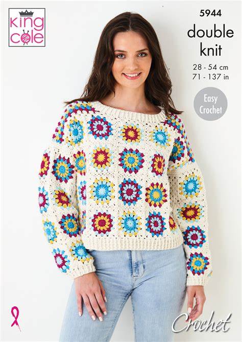 King Cole 5944 Easy Crochet Granny Square Jumper and Capped