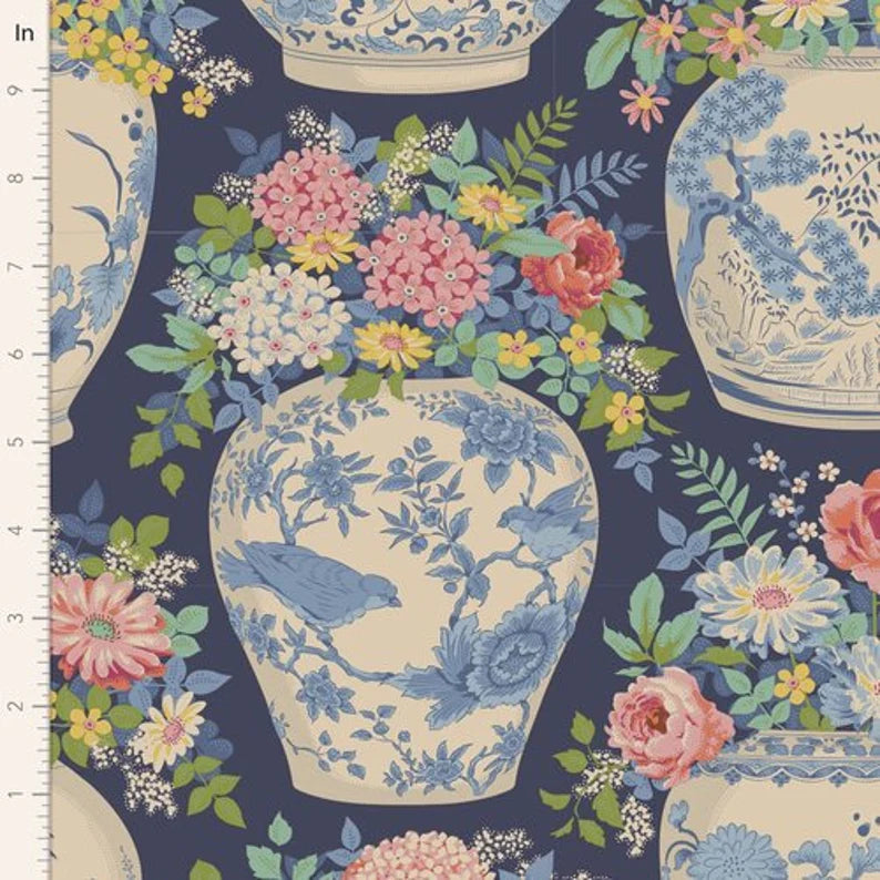 100% Cotton by TILDA Flowervase Navy Blue from The 'Chic Escape Collection'
