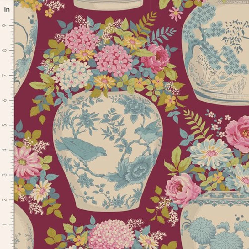 100% Cotton by TILDA Flowervase Maroon from The 'Chic Escape Collection'