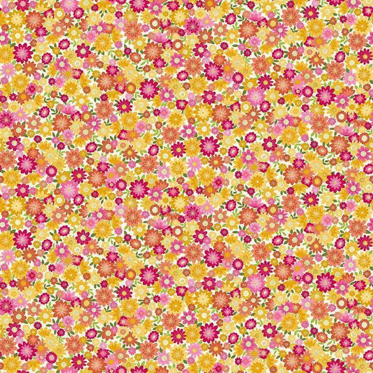 100% Cotton Whiskers Pretty Posy - Yellow by Makower