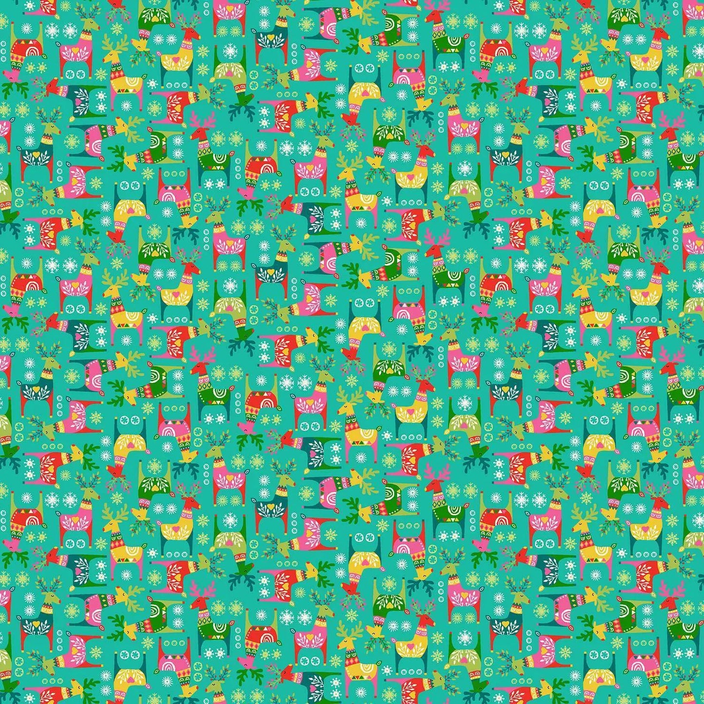 100% Cotton  Bright Rudolph - Teal By Makower