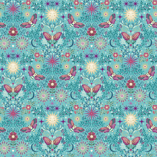 100% Cotton Luna Night Garden - Teal  By Makower