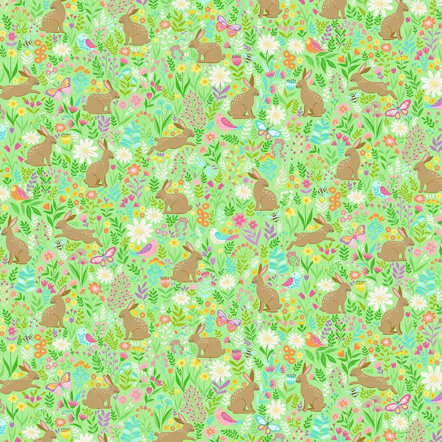 100% Cotton Cotton Hello Spring Bunny Meadow - Green - By Makower