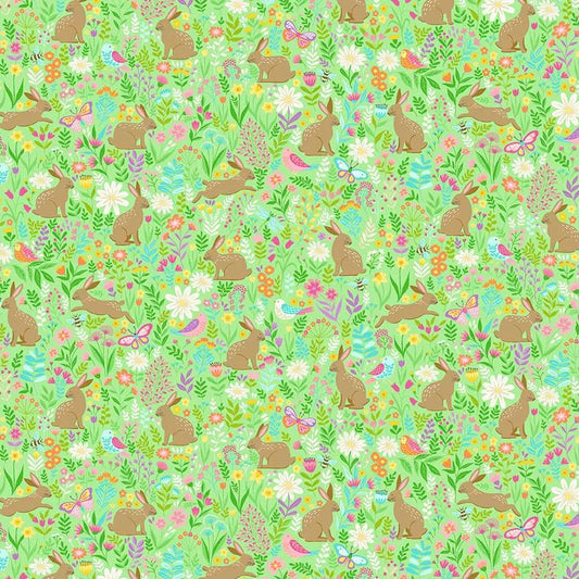 100% Cotton Cotton Hello Spring Bunny Meadow - Green - By Makower