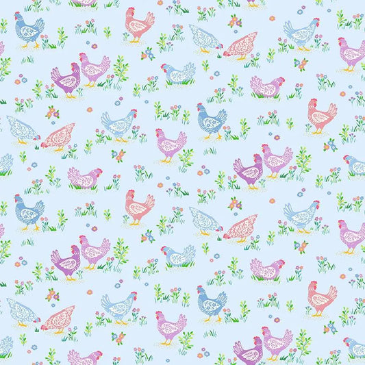 100% Cotton Cotton Hello Spring Happy Hens - Blue - By Makower