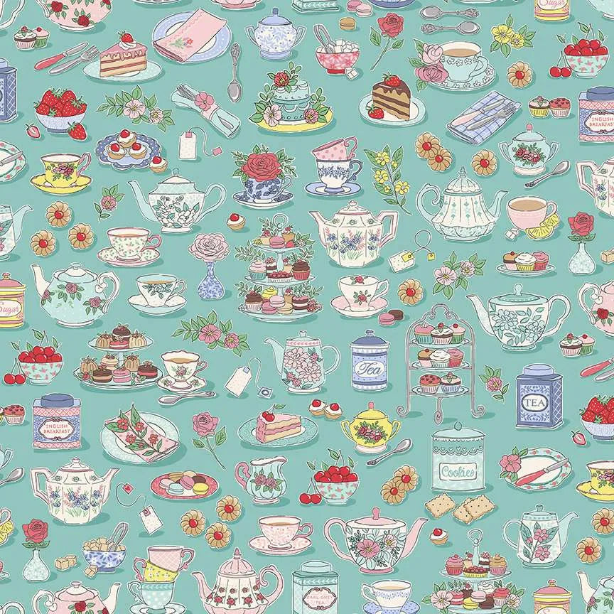 100% Cotton Cotton Afternoon Tea - Teal - By Makower