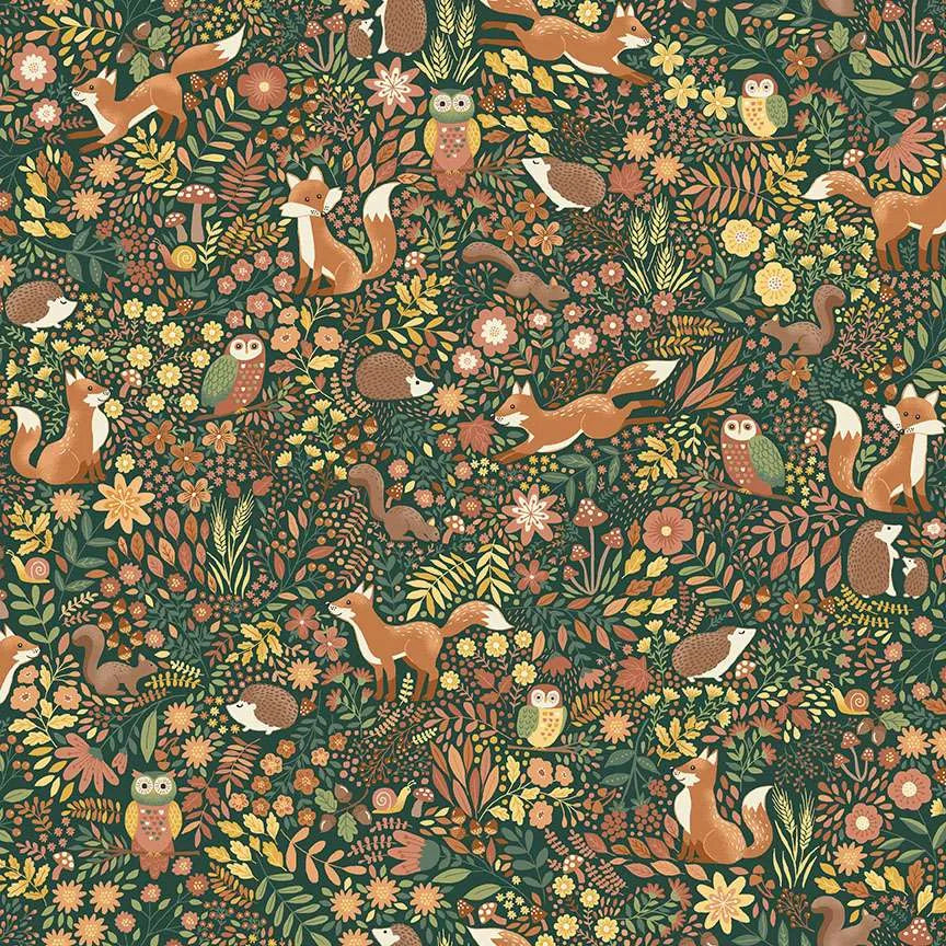 100% Cotton Hello Autumn by Makower Wild Wood Green