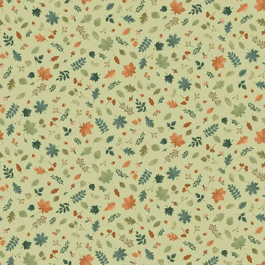100% Cotton Hello Autumn by Makower Foliage Cascade Green