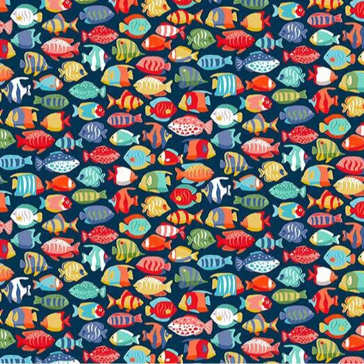 100% Cotton Deep Blue Sea Fish Shoal – Dark Blue