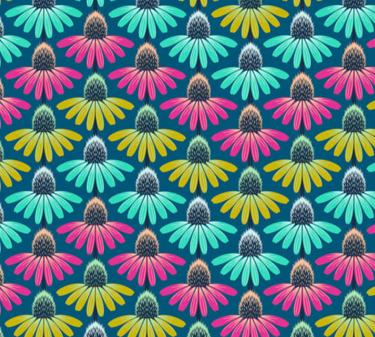 Pattern of colorful flowers on a blue background