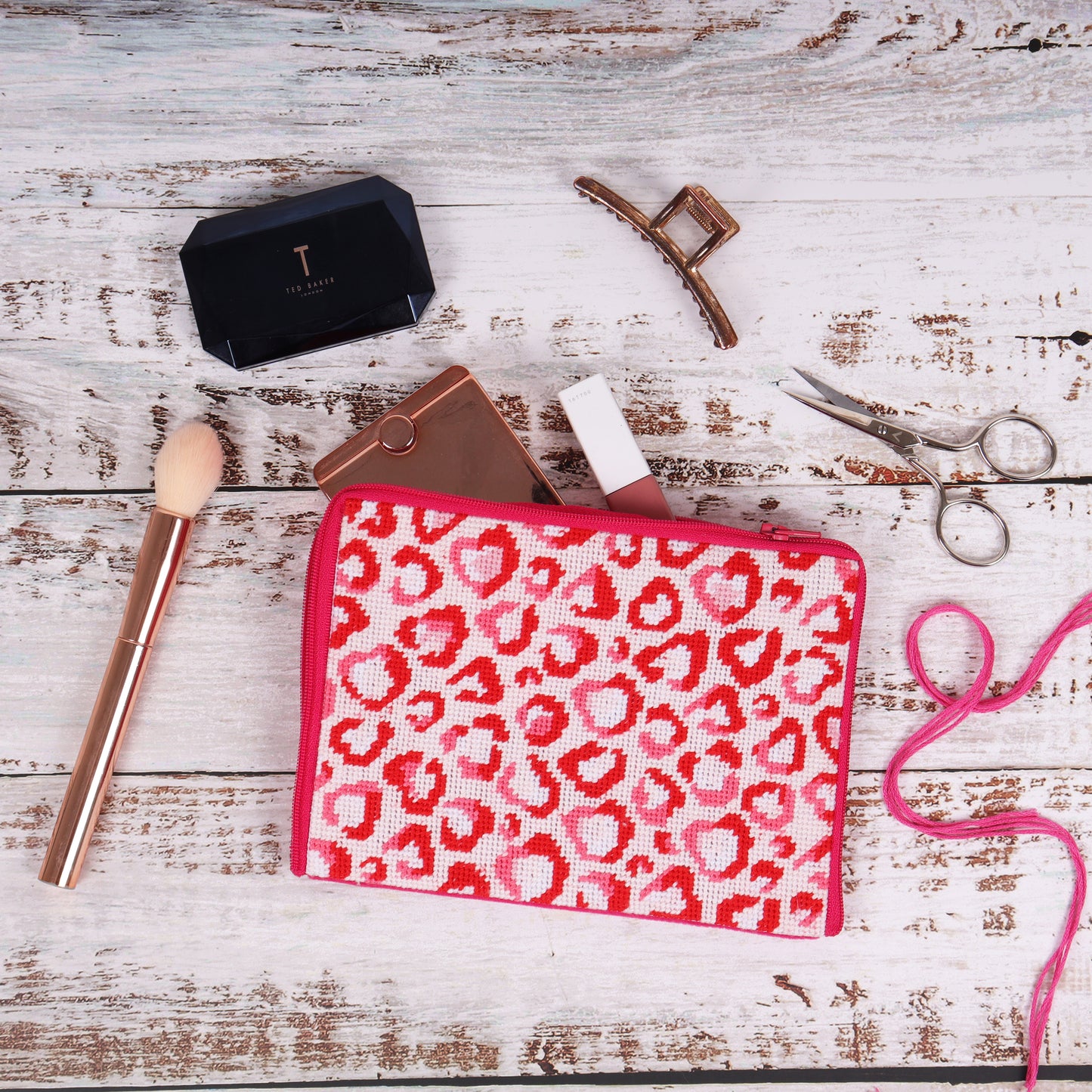 Half Stitch / Tapestry Kit: Stitch Your Own Make Up Pouch/Case: Love Leopard