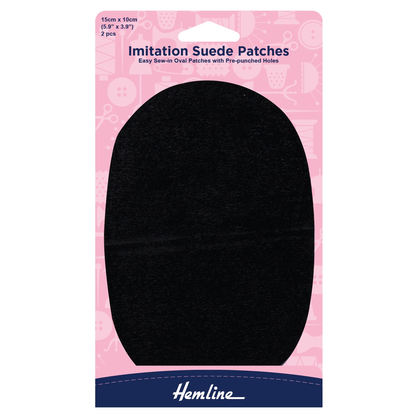 Hemline Elbow Patch Sew-in imitation suede patches with pre-punched sewing holes. 2 pieces. 10 x 15cm/4 x 6in.- Blak
