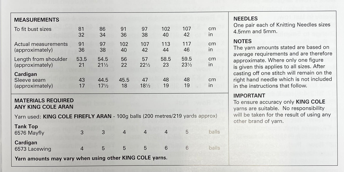 King Cole Knitting Pattern 6445 Firefly Aran - Tank Top and Cardigan