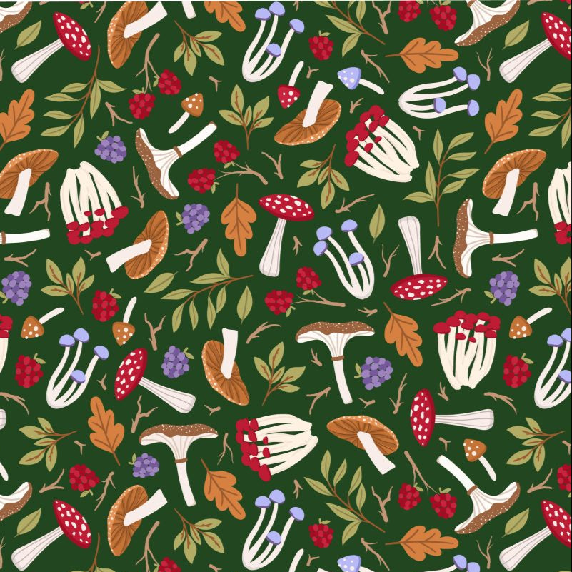 100% Cotton Night Fall Forest Mushrooms