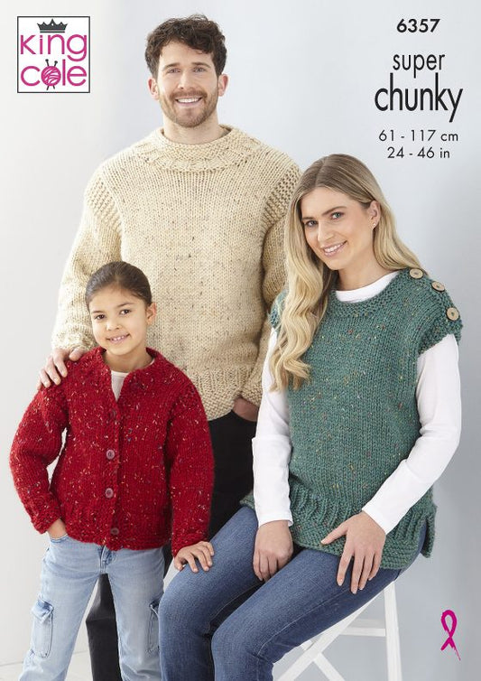 King Cole Knitting Pattern 6357 Super Chunky Sweater Top and Cardigan