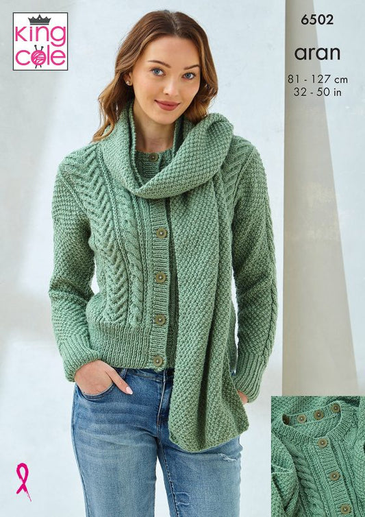 King Cole 6502 Scardigan and Sweater with Cowl - Aran