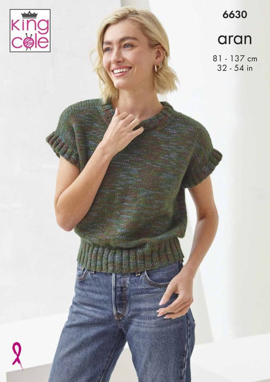 King Cole Knitting Pattern 6630 - Drop Shoulder Top and Tank Top - Aran