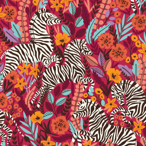 100% Cotton Frolicking Zebras - Red