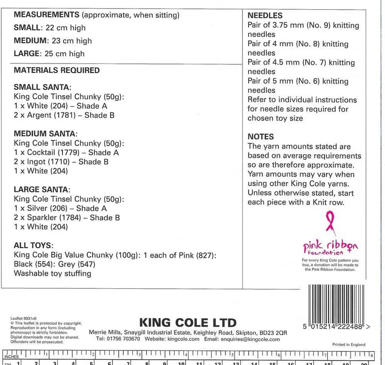 King Cole 9031 Santa Knitting Pattern