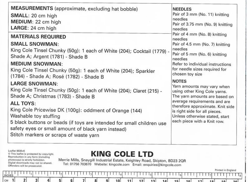 King Cole 9030 Snowman Knitting Pattern