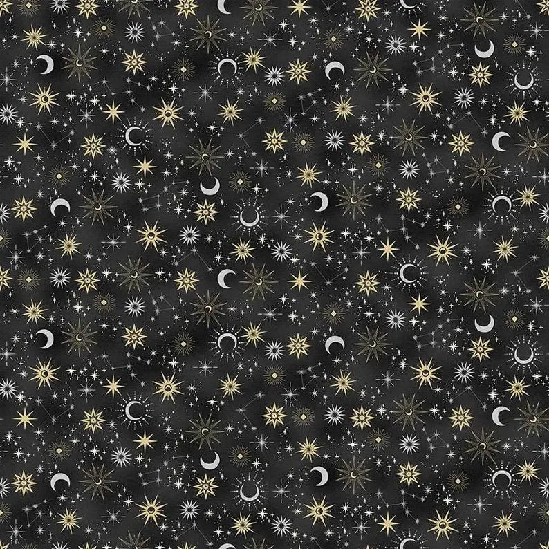 100% Cotton Charmed Black Galaxy By Makower