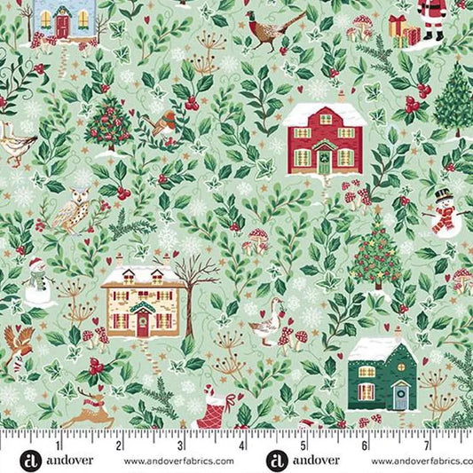 100% Cotton Country Christmas  Cottages Green - Makower