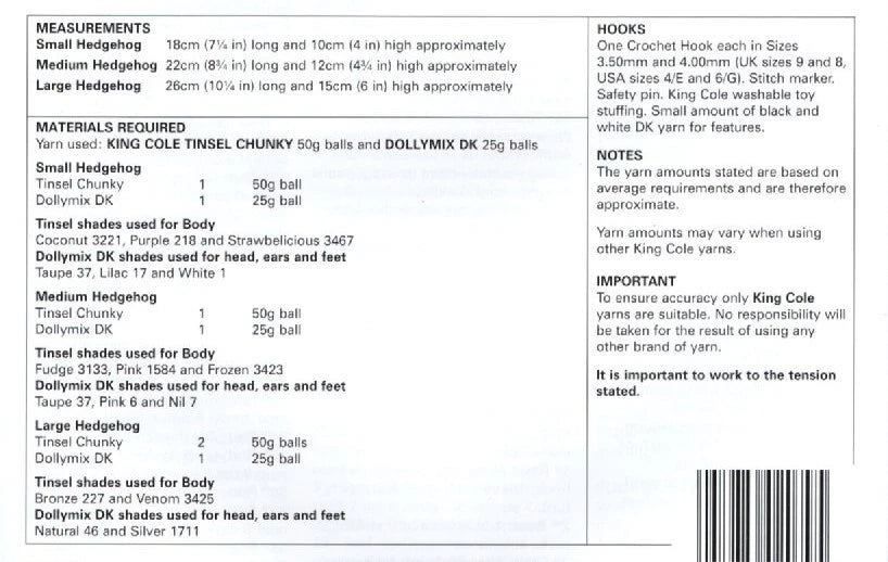 King Cole 9148 Hedgehog Crochet Pattern