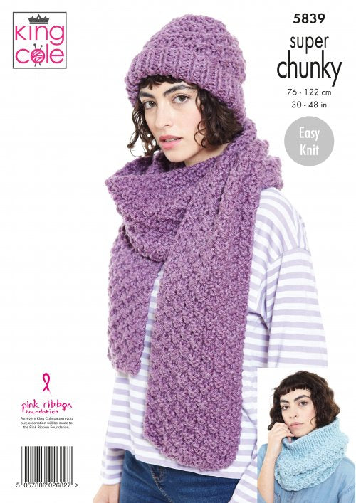 King Cole 5839 Sweater ,Hat, Scarf and Snood - Super chunky