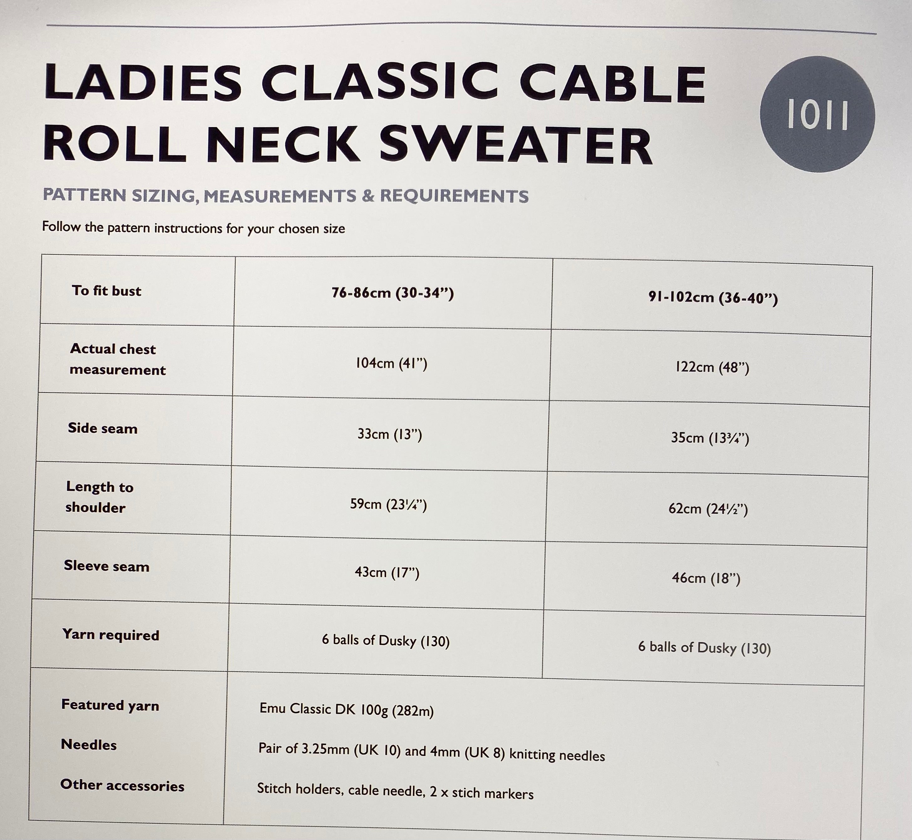 Emu Knitting Pattern Ladies Classic Cable Roll Neck Sweater DK (1011)